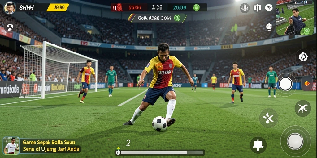 Screenshot utama gameplay 8HHH yang menampilkan aksi di lapangan sepak bola.