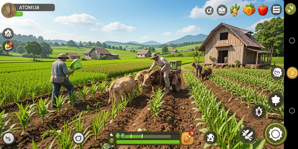 Screenshot gameplay ATOM138 menunjukkan keindahan lahan pertanian yang subur.