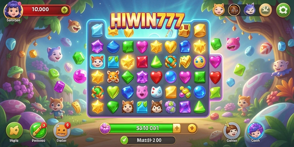 Tampilan gameplay seru HIWIN777 dengan kombinasi Match-3 yang menantang.