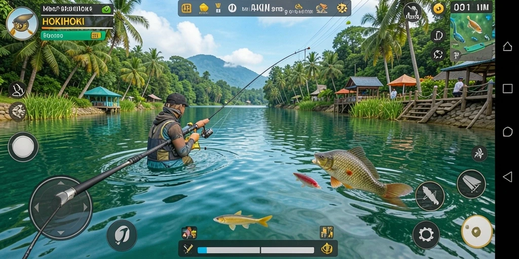 Tampilan gameplay HOKIHOKI dengan aksi memancing yang seru.