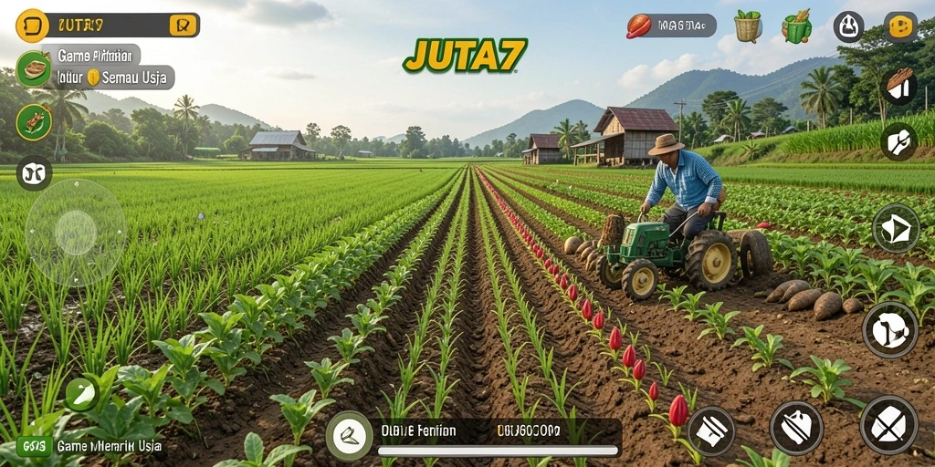 Screenshot gameplay menunjukkan lahan pertanian yang luas dengan tanaman yang beraneka ragam.