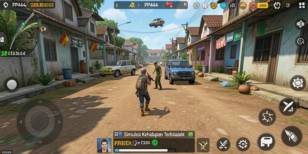 Screenshot utama PP444 menampilkan gameplay simulation yang interaktif.