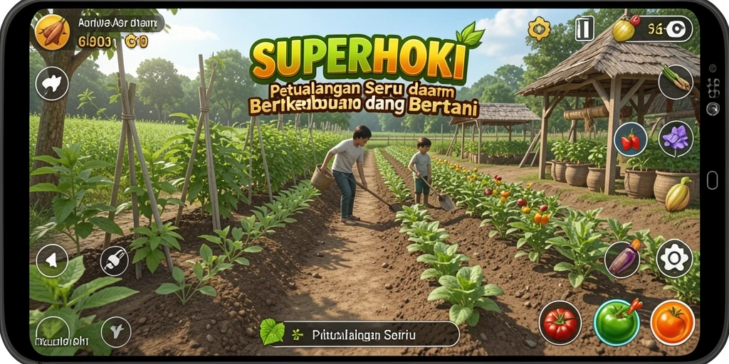 Screenshot gameplay SUPERHOKI menampilkan kebun yang subur dan berwarna-warni.