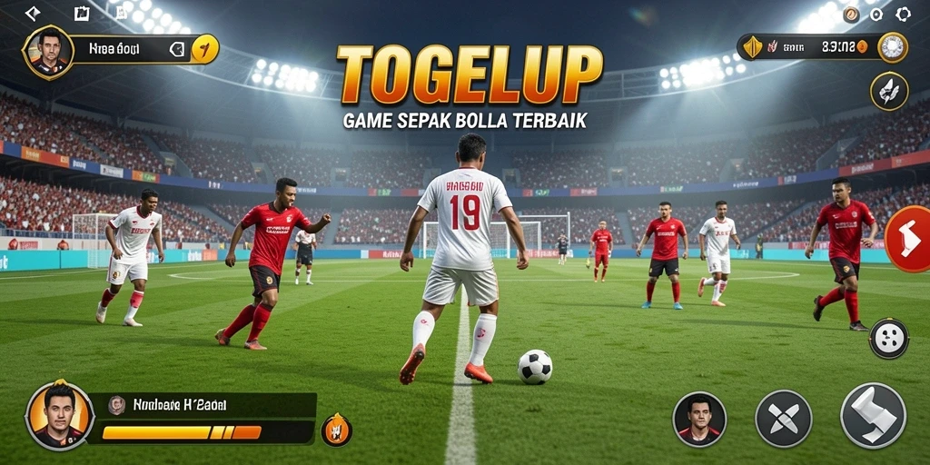 Tampilan gameplay TOGELUP yang penuh aksi dengan suasana pertandingan sepak bola.